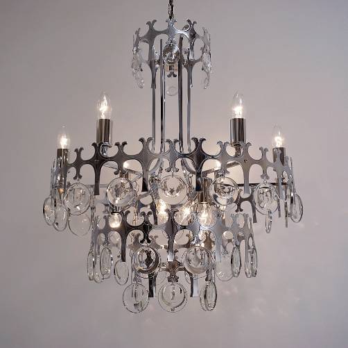 Sciolari chandelier `Ovali` 12 lights, silver with optical crystals, 1970`s ca, Italian